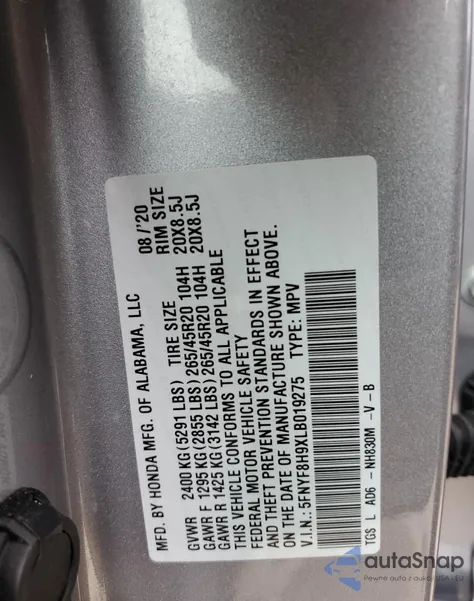 2020 Honda Passport Touring z USA, uszkodzony, nr VIN 5FNYF8H9XLB019275